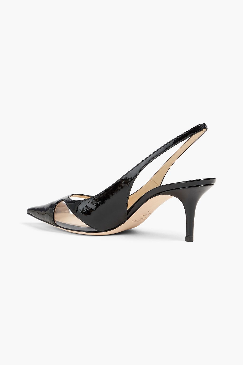 JIMMY CHOO حذاء بكعب عالٍ من الجلد اللامع ومادة PVC مزوّدة بحزام خلفي