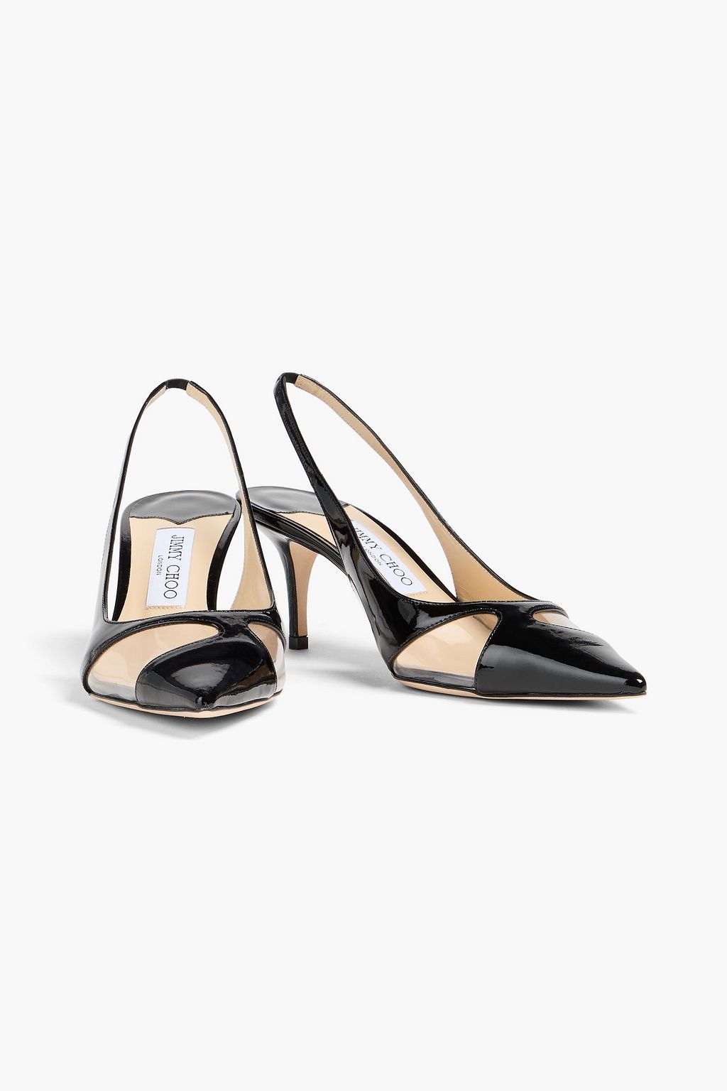 JIMMY CHOO حذاء بكعب عالٍ من الجلد اللامع ومادة PVC مزوّدة بحزام خلفي