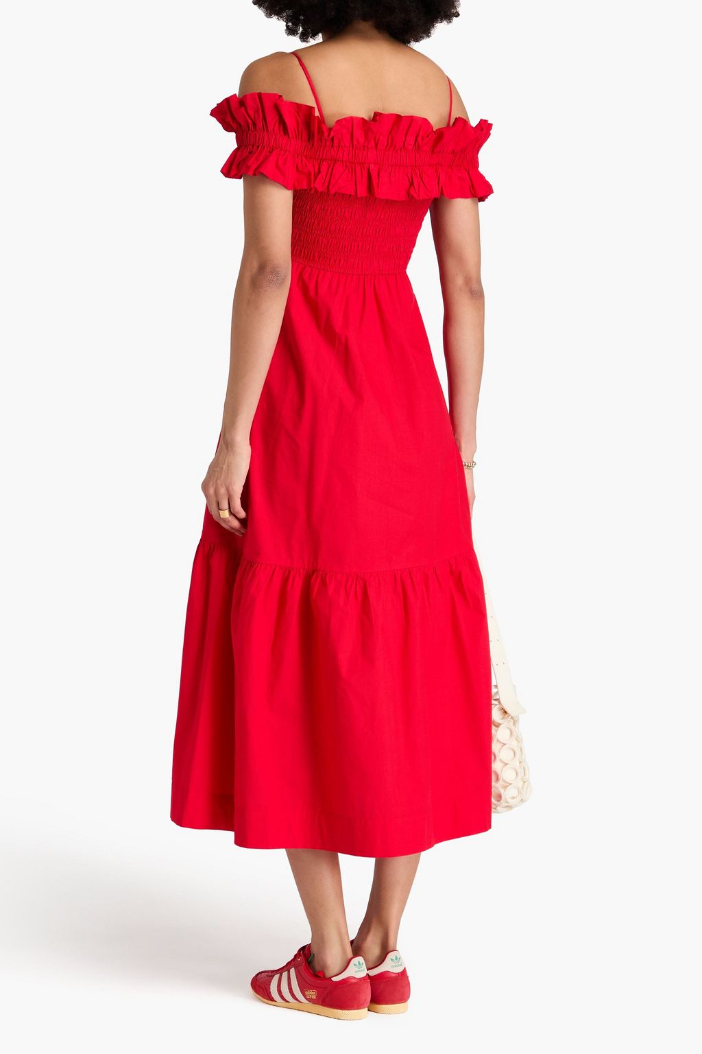 GANNI Cold-shoulder ruffled cotton midi dress