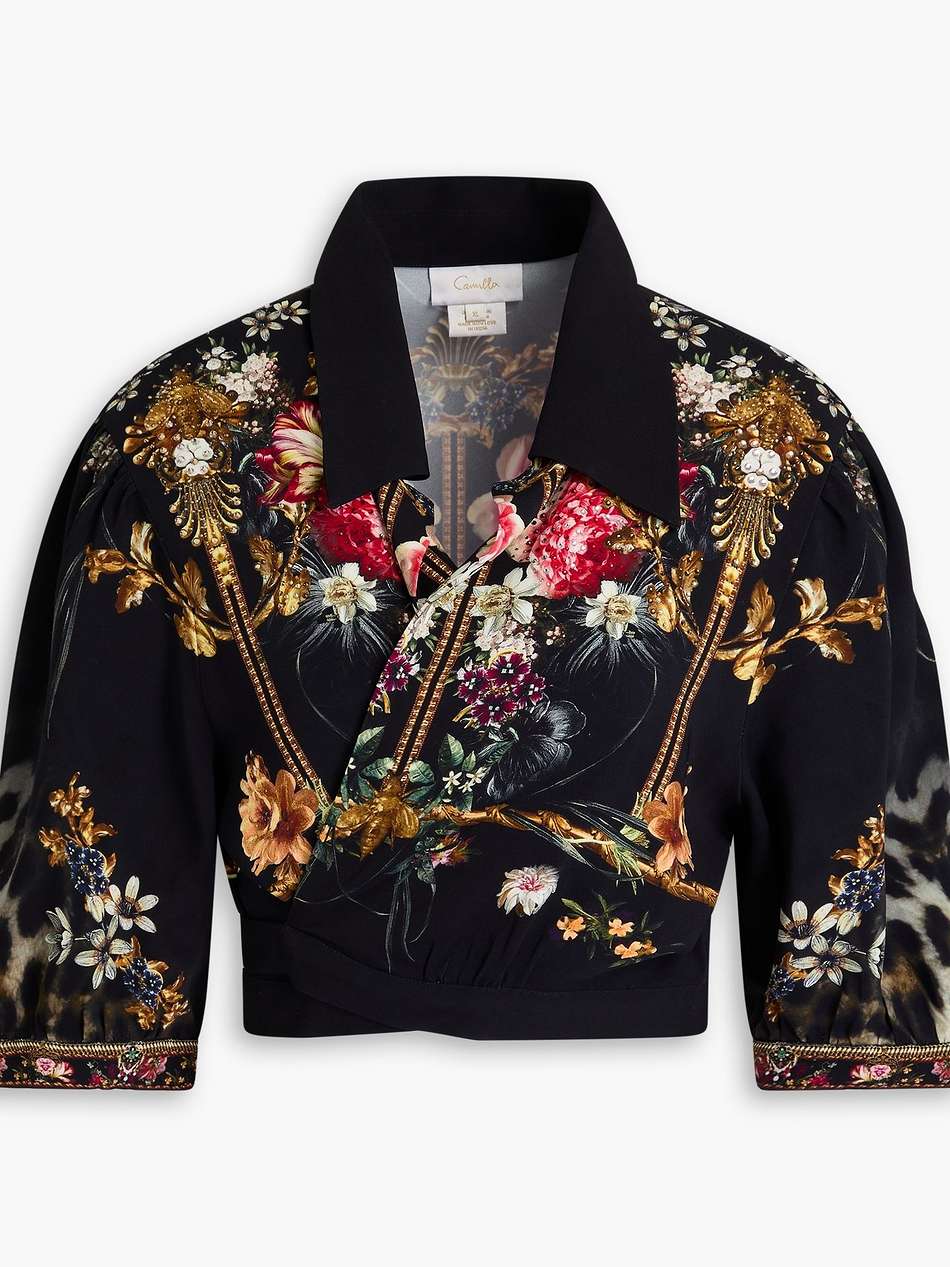 cropped crystal-embellished floral-print stretch-jersey wrap top