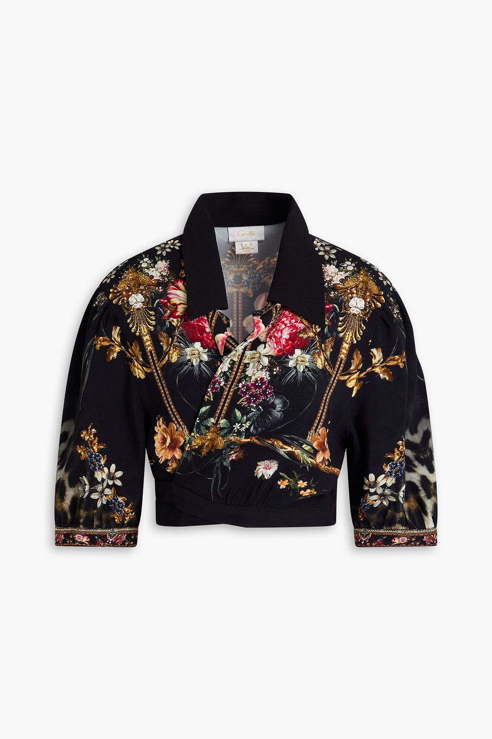 Camilla Cropped Crystal-embellished Floral-print Stretch-jersey Wrap Top In Black