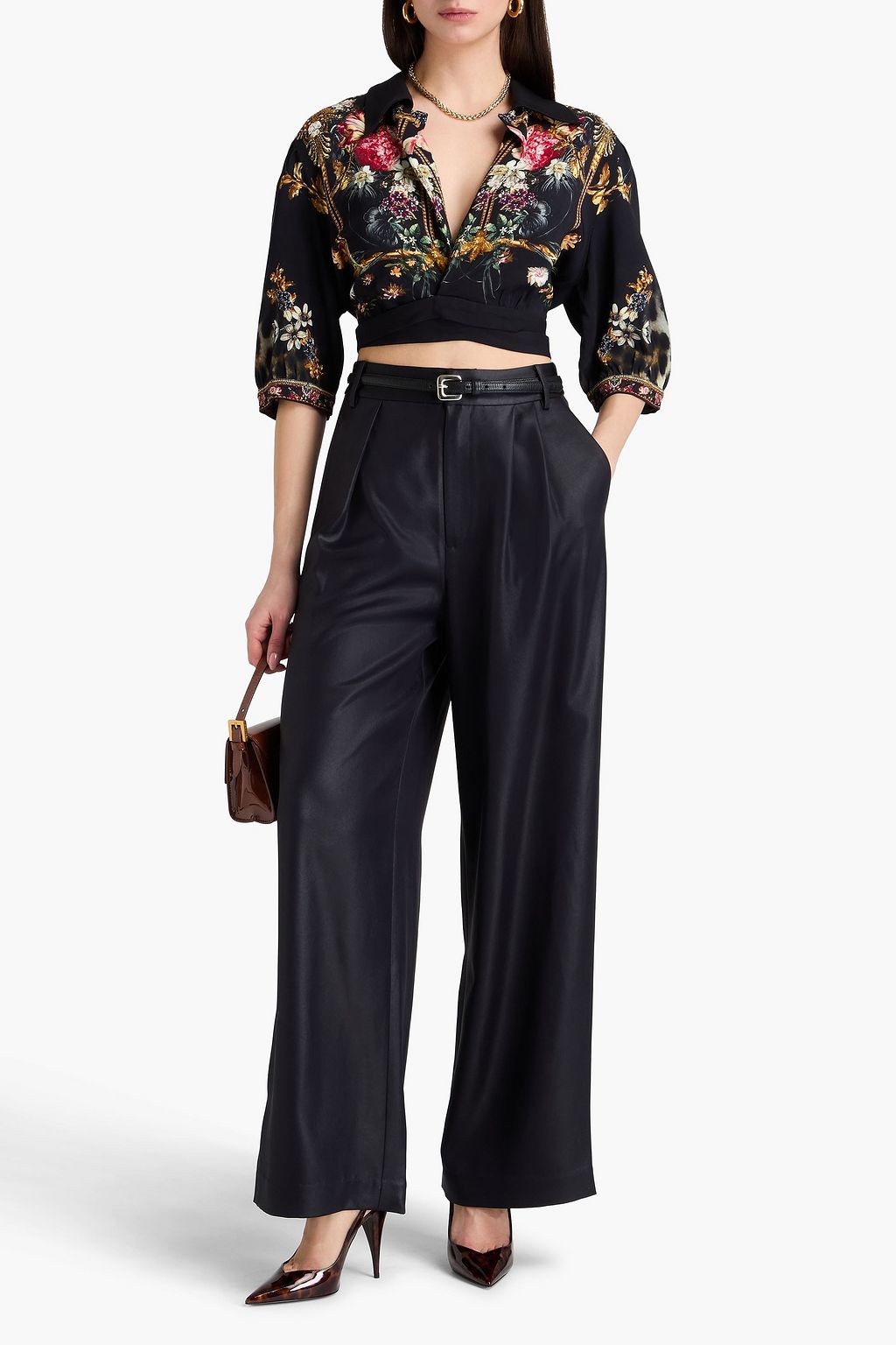 CAMILLA Cropped crystal-embellished floral-print stretch-jersey wrap top