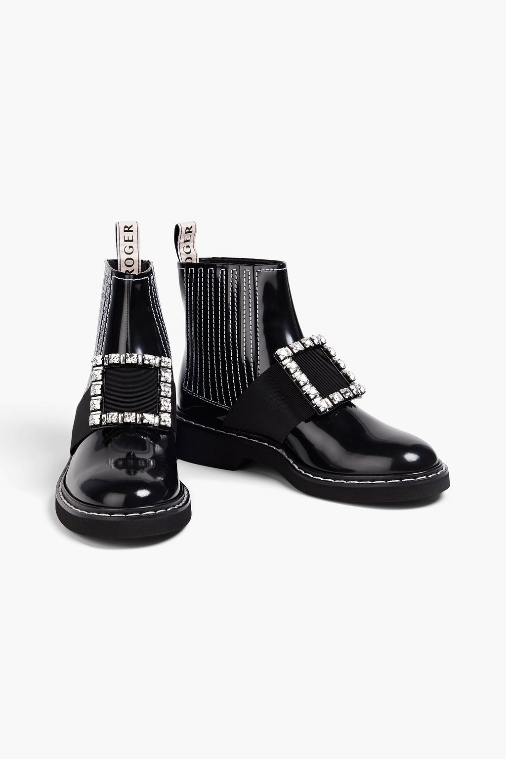 ROGER VIVIER 비브 레인저스 크리스털 장식 페이턴트 가죽 앵클 부츠