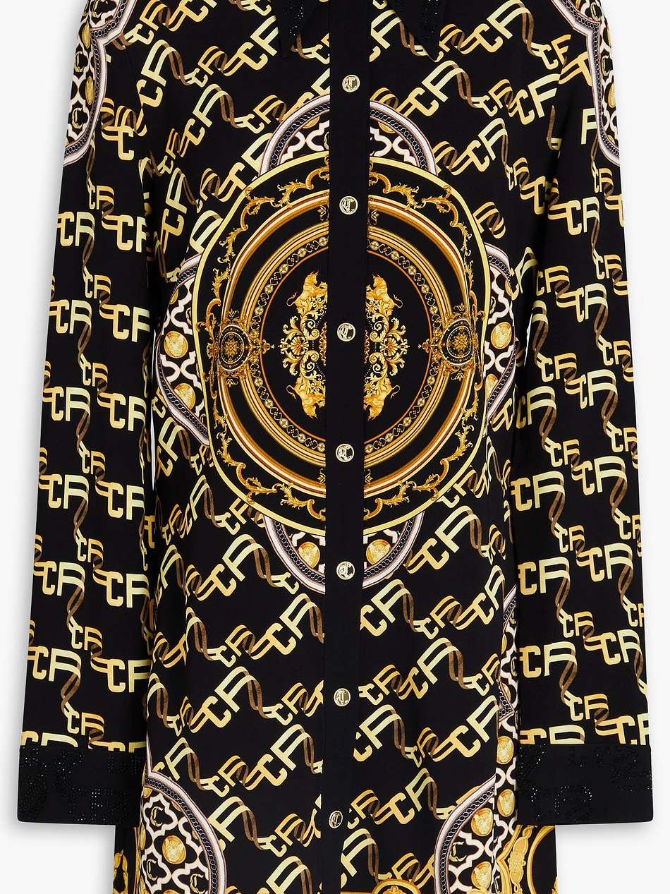crystal-embellished printed stretch-twill mini shirt dress