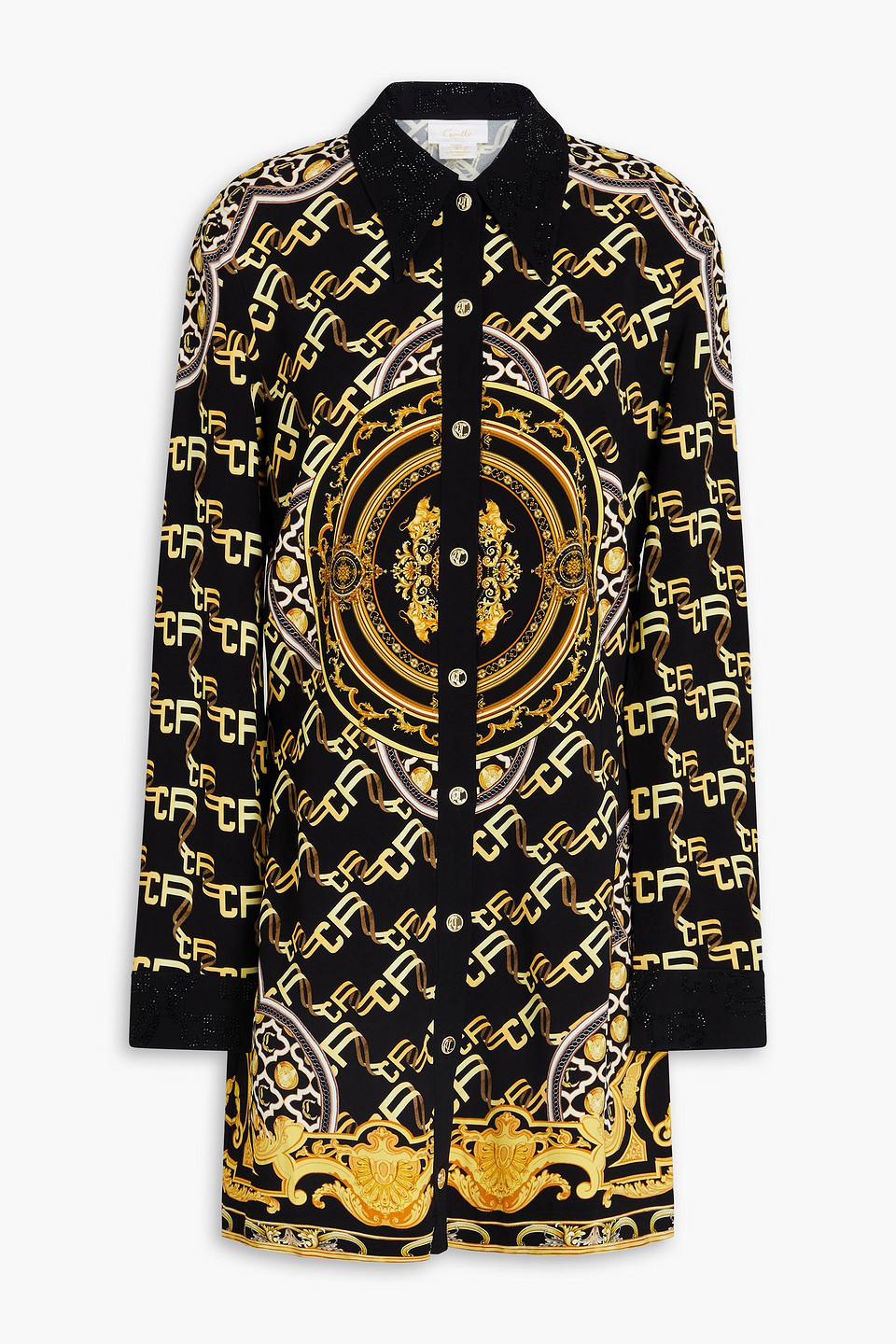 Camilla Crystal-embellished Printed Stretch-twill Mini Shirt Dress In Black