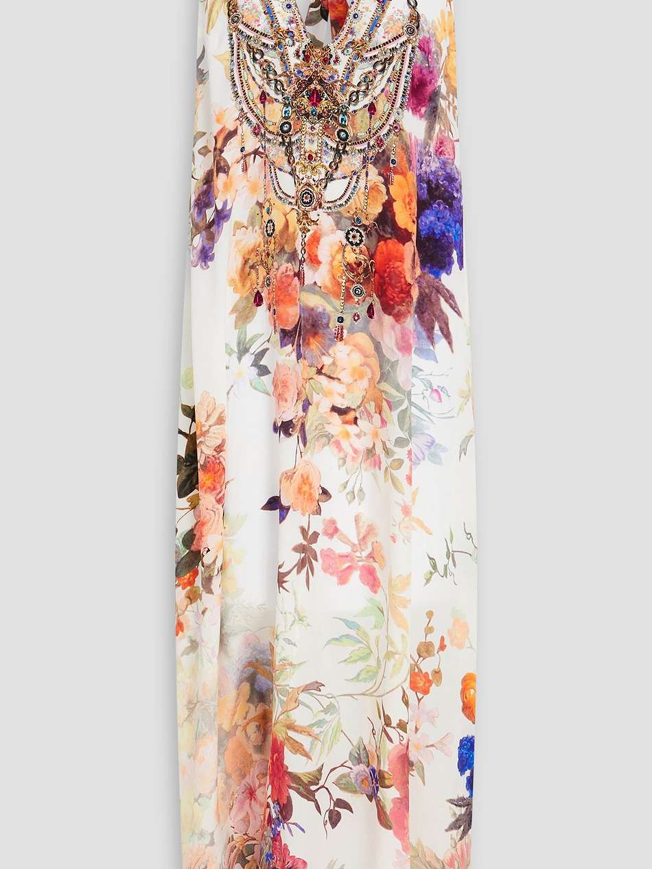 crystal-embellished floral-print silk crepe de chine midi dress