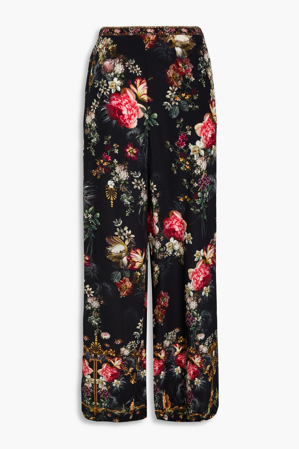 Camilla Crystal-embellished Floral-print Silk Crepe De Chine Wide-leg Pants In Black