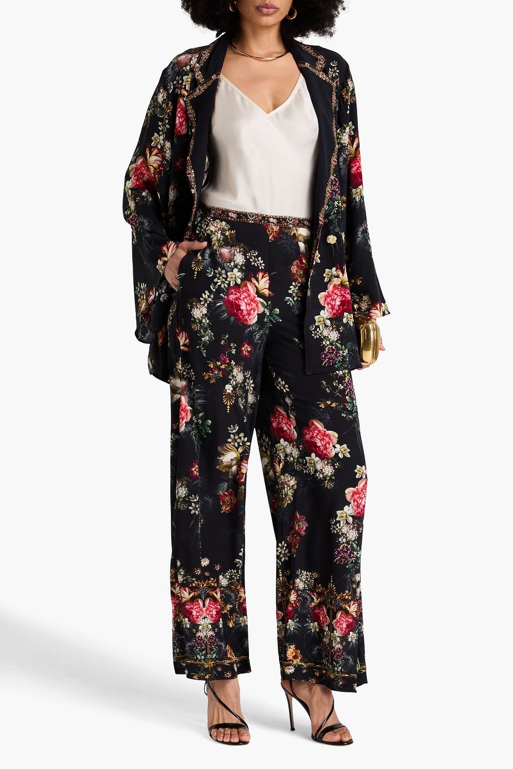 CAMILLA Crystal-embellished floral-print silk crepe de chine wide-leg pants
