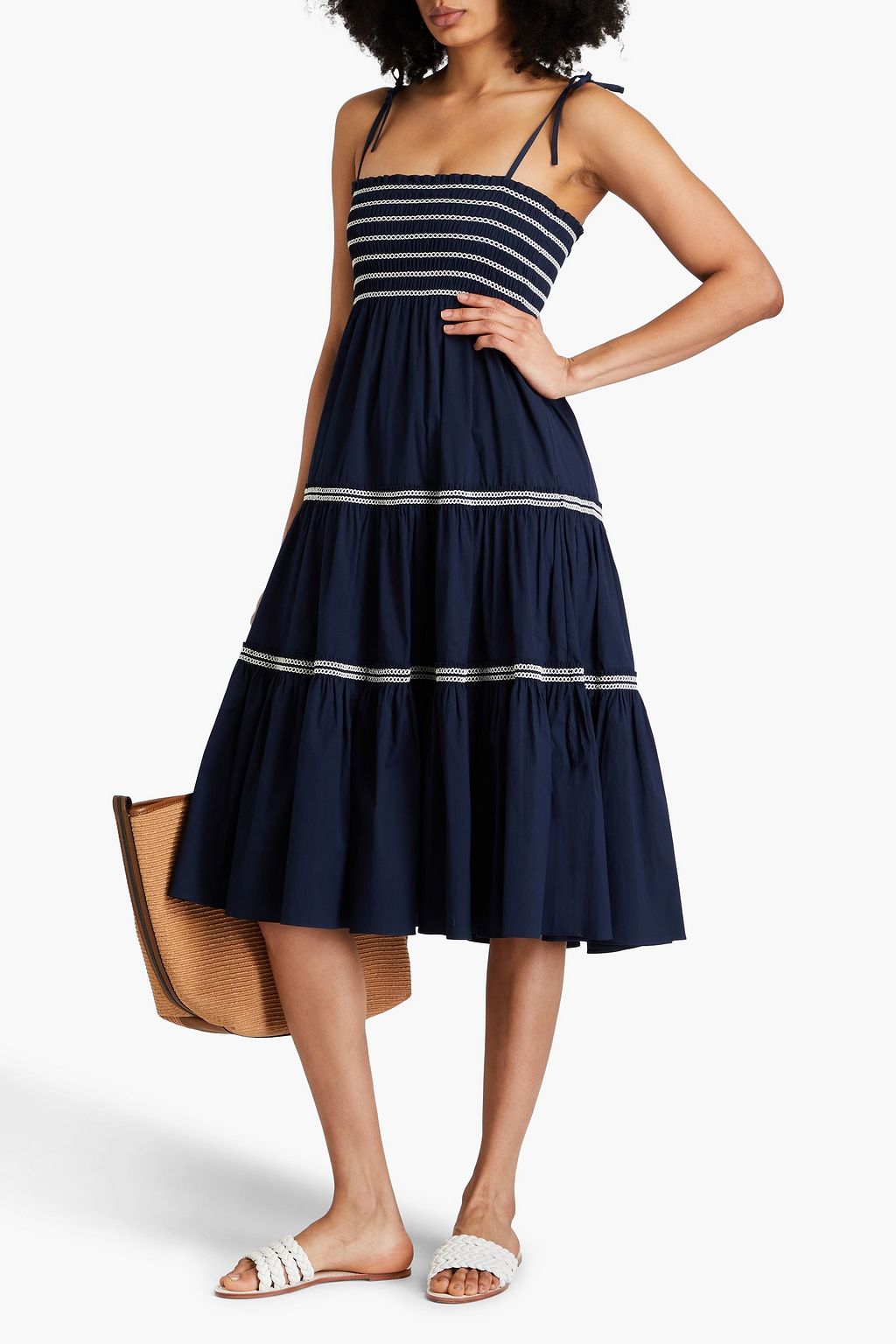 TORY BURCH تنورة متوسطة الطول من مزيج من القطن البوبلين وبتقنية السموك يمكن ارتداؤها بعدة طرق