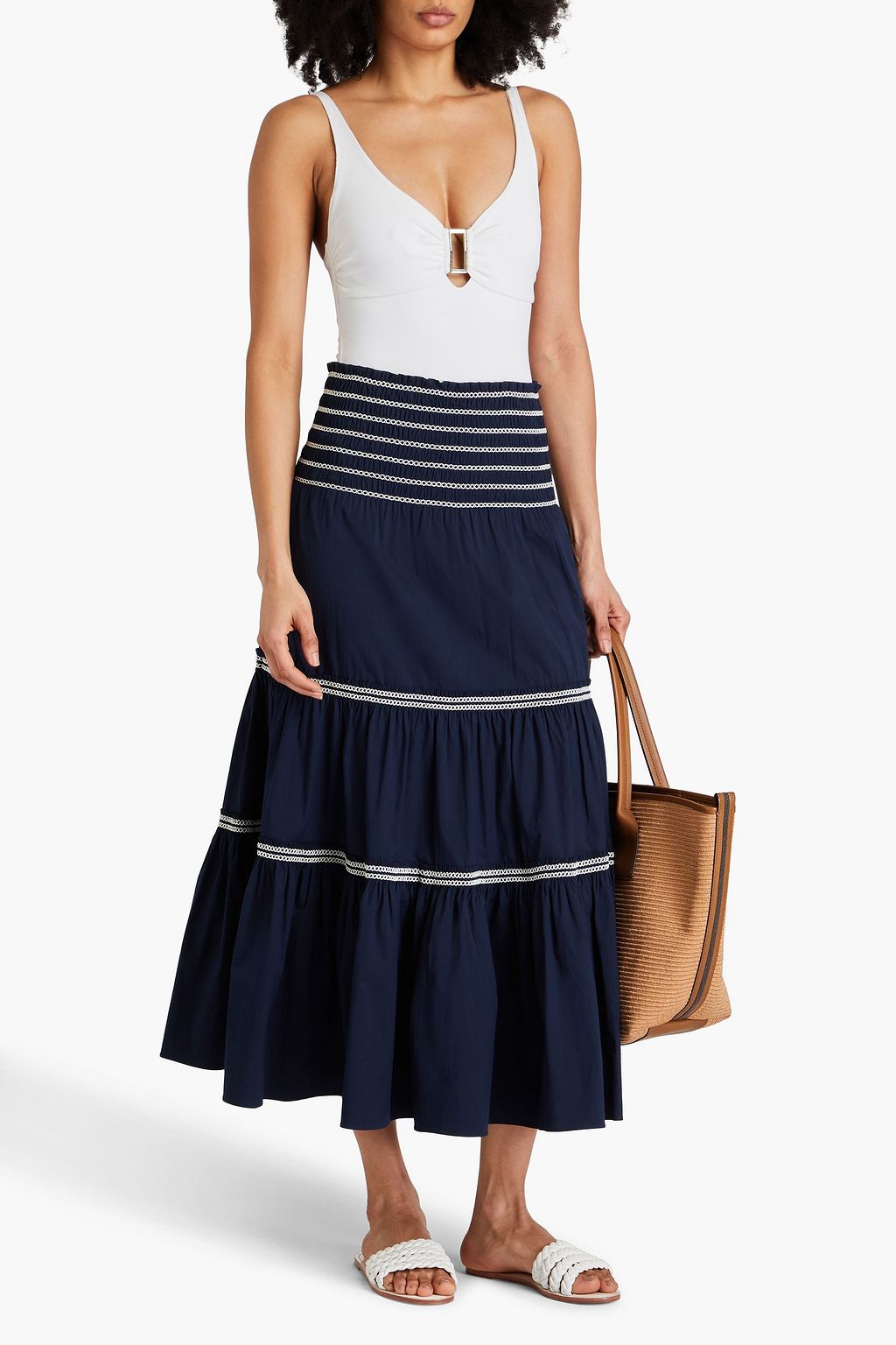 TORY BURCH تنورة متوسطة الطول من مزيج من القطن البوبلين وبتقنية السموك يمكن ارتداؤها بعدة طرق