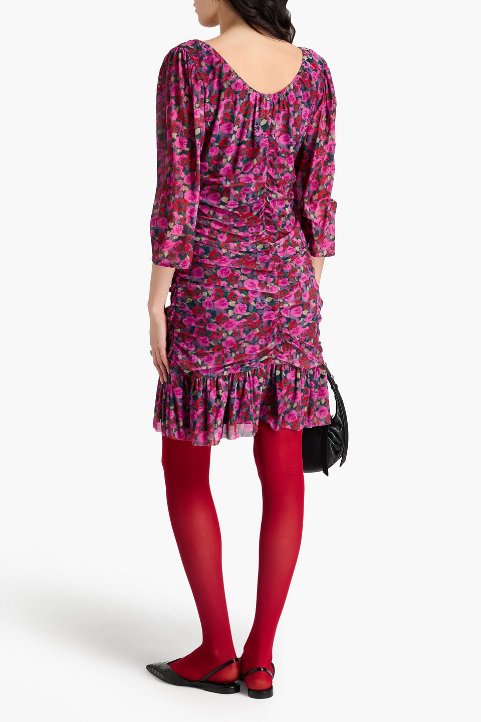 Ganni Minikleid Aus Stretch-satin Mit Floralem Print Und Raffungen In Magenta