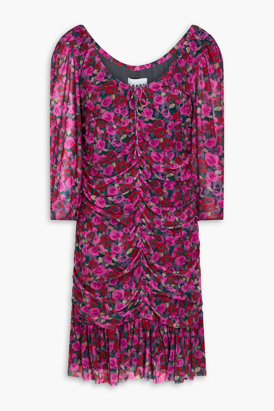 Ganni Minikleid Aus Stretch-satin Mit Floralem Print Und Raffungen In Magenta