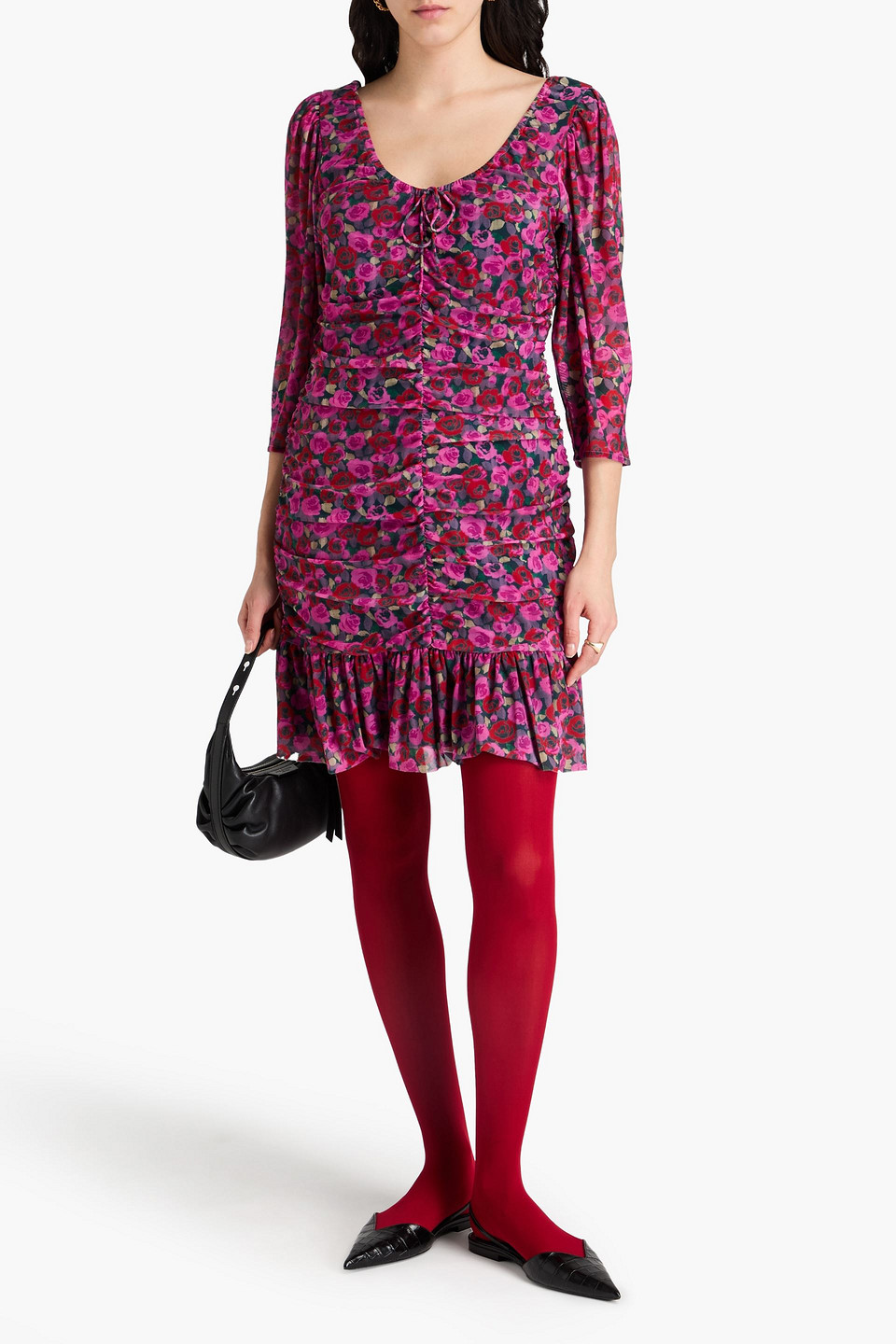 Ganni Minikleid Aus Stretch-satin Mit Floralem Print Und Raffungen In Magenta