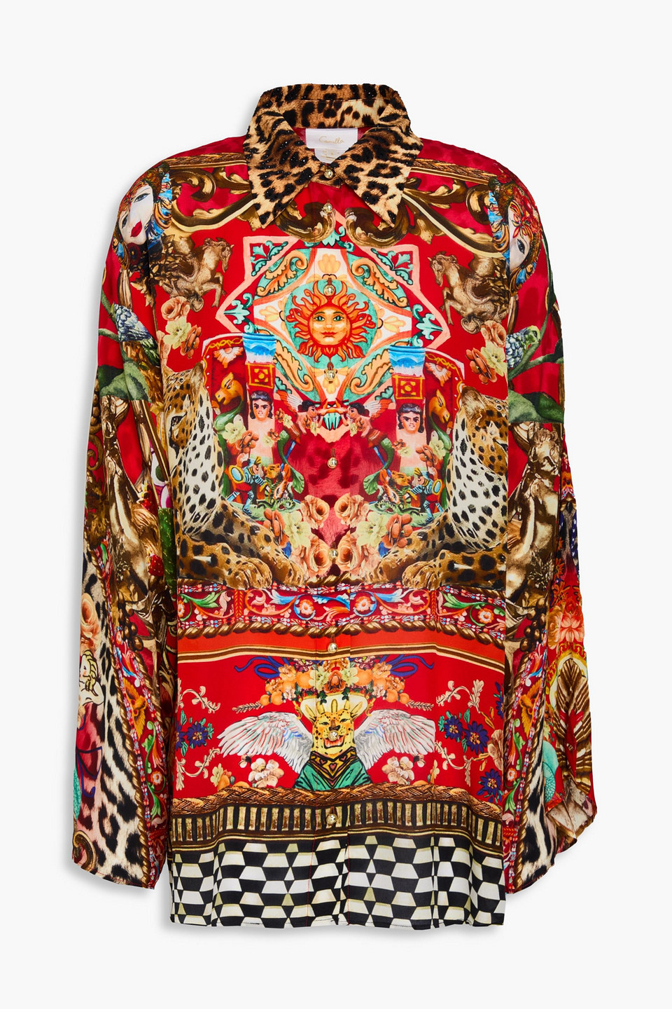 Crystal-embellished printed silk crepe de chine blouse