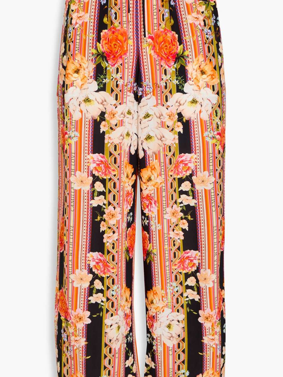 crystal-embellished printed silk crepe de chine wide-leg pants