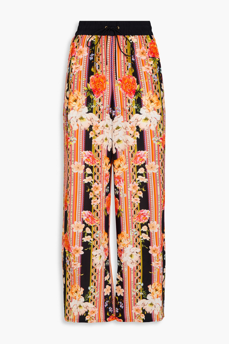 Crystal-embellished printed silk crepe de chine wide-leg pants