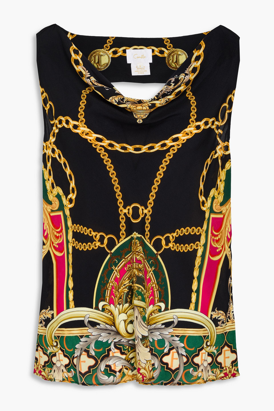 Camilla Cutout Printed Silk Crepe De Chine Top In Black