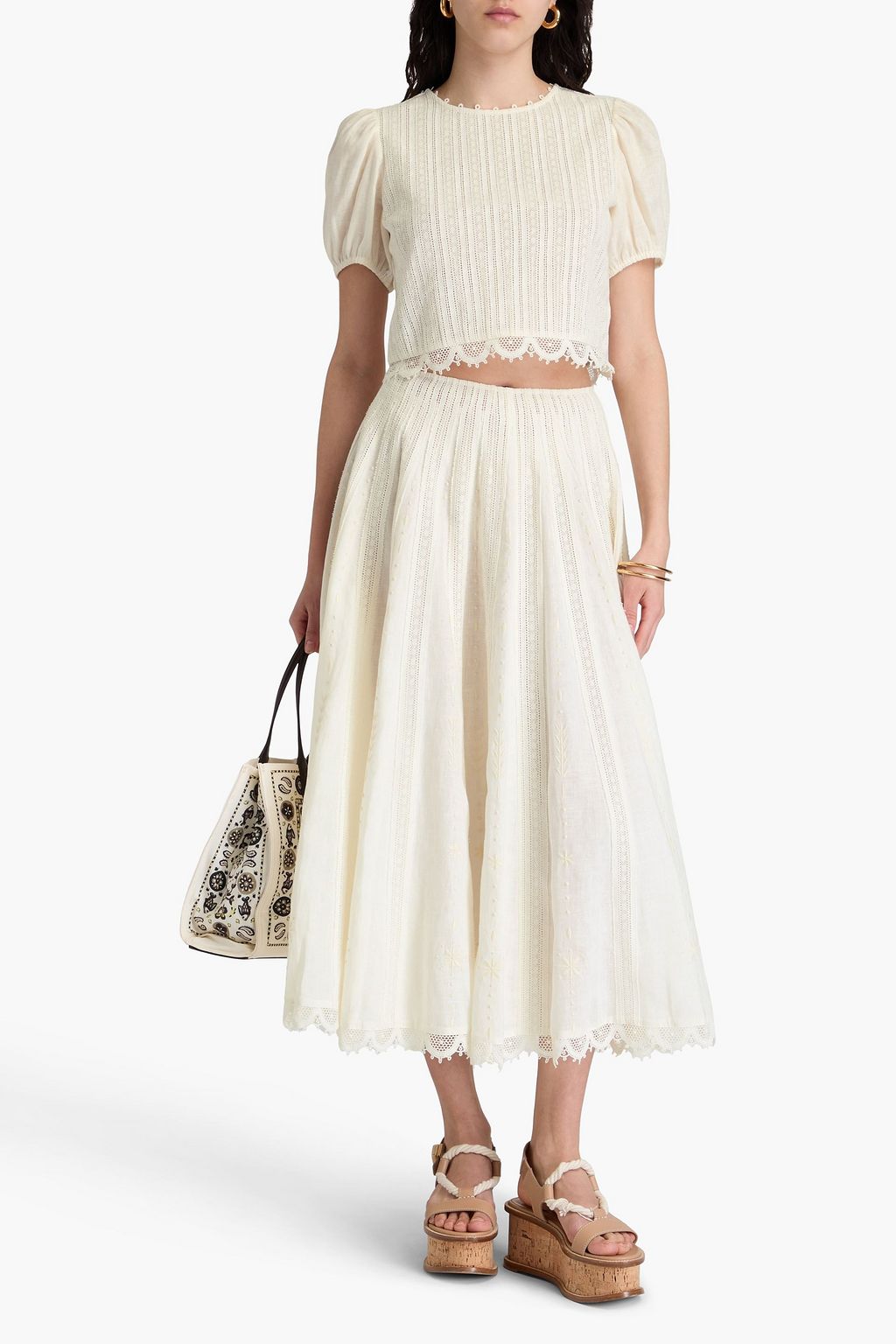 TORY BURCH تنورة متوسطة الطول من الكتّان مزينة بحواف من الكروشيه
