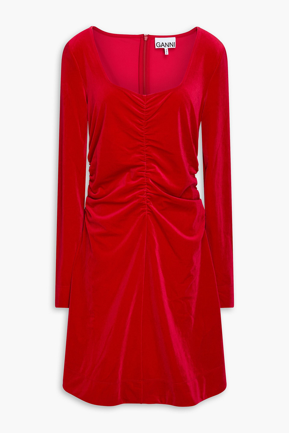 ganni - ruched velvet midi dress - red - eu 36