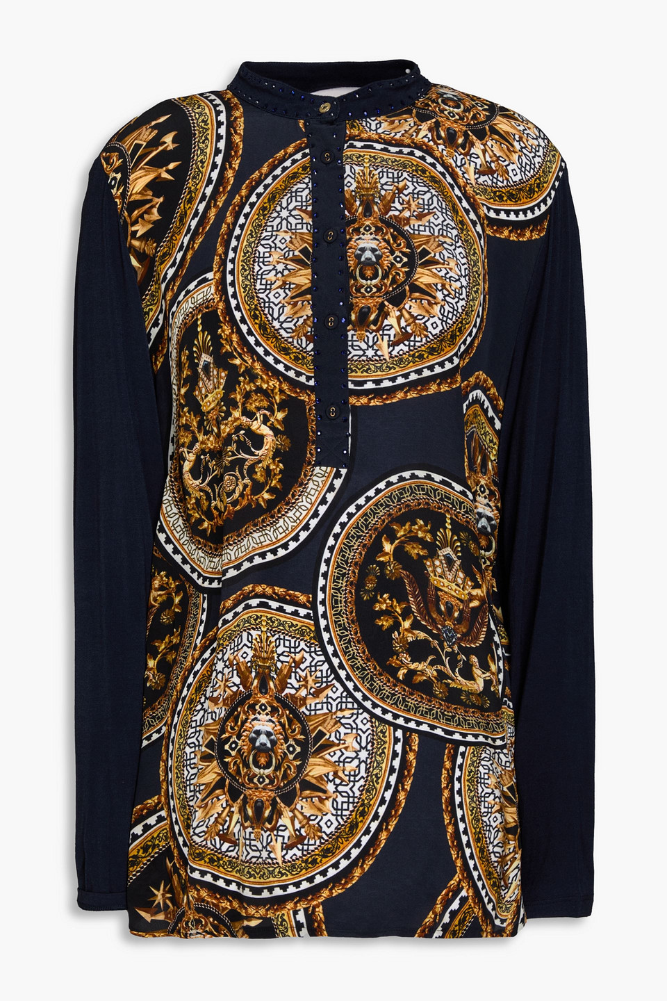 Camilla Crystal-embellished Printed Silk-jersey Top In Midnight Blue