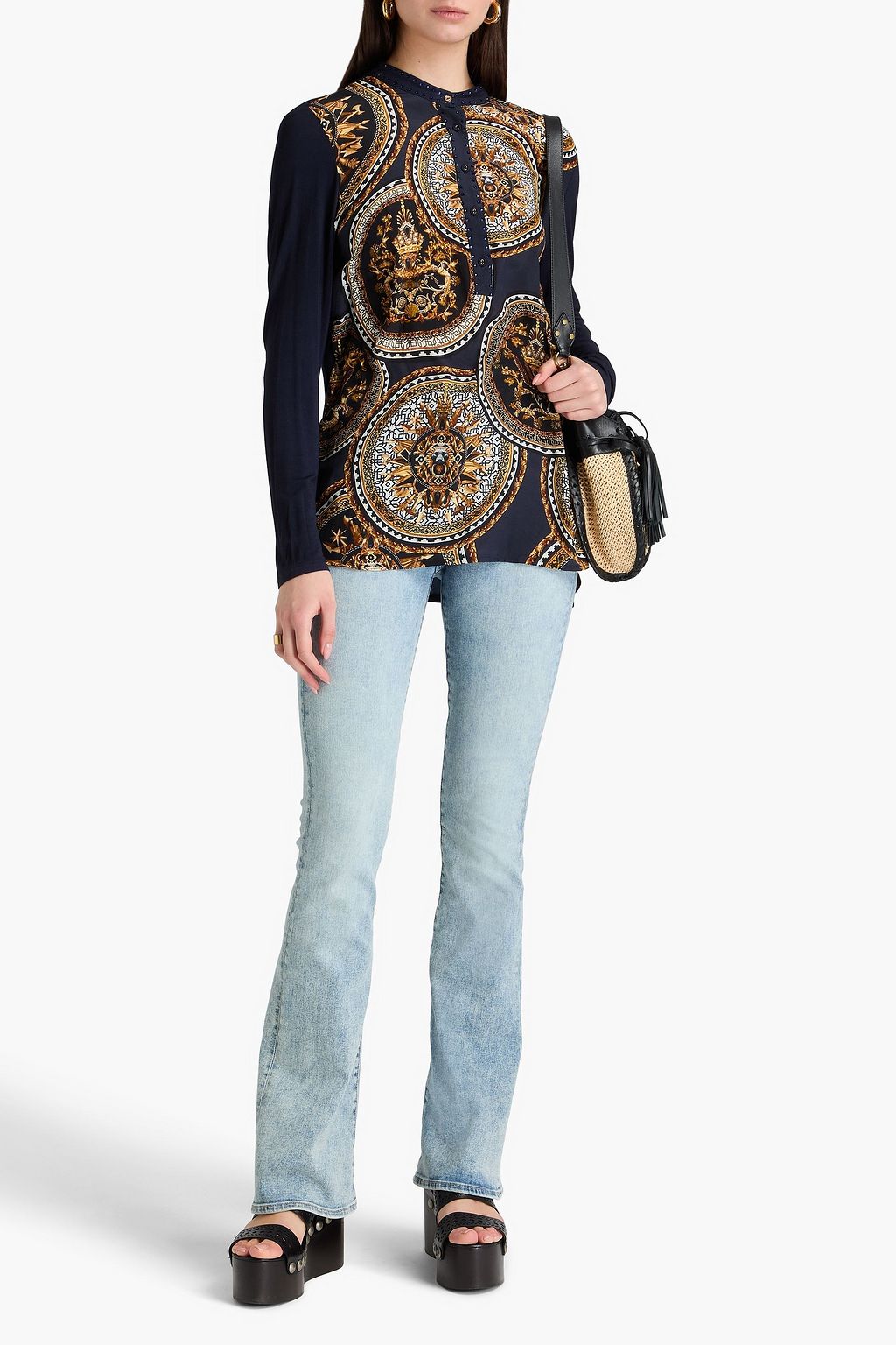 CAMILLA Crystal-embellished printed silk-jersey top