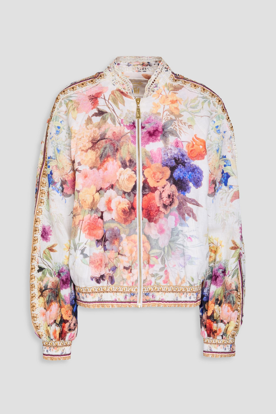 Camilla Embellished Floral-print Linen Bomber Jacket In Multicolor