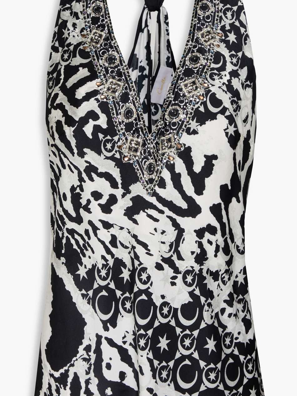 crystal-embellished printed silk-satin top