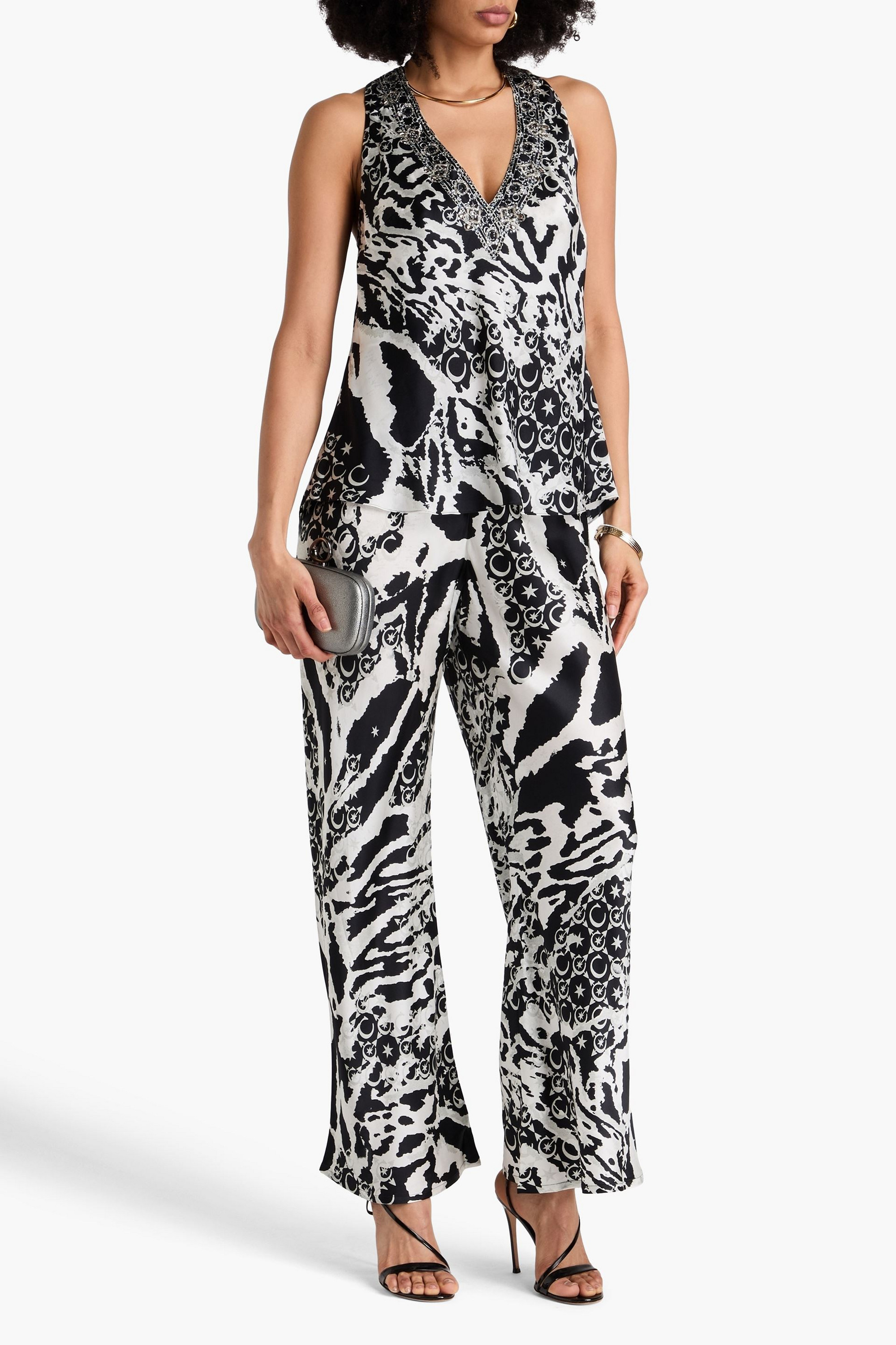 Camilla Crystal-embellished printed silk-satin top