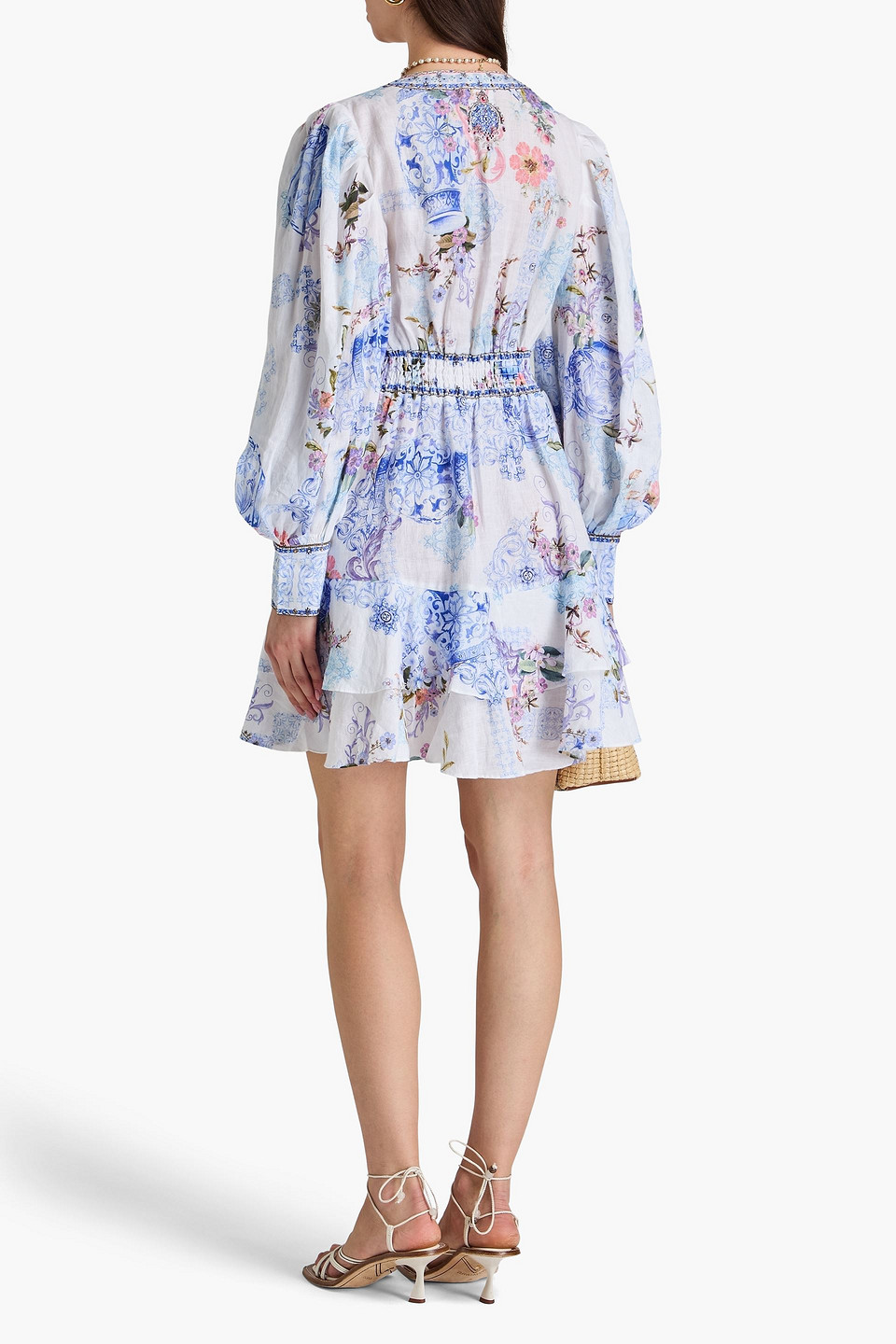 CAMILLA TIERED CRYSTAL-EMBELLISHED PRINTED LINEN MINI DRESS