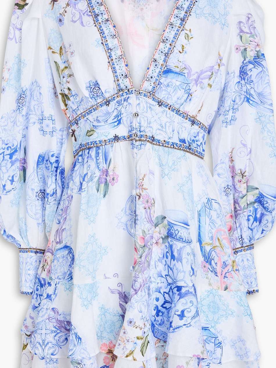 tiered crystal-embellished printed linen mini dress