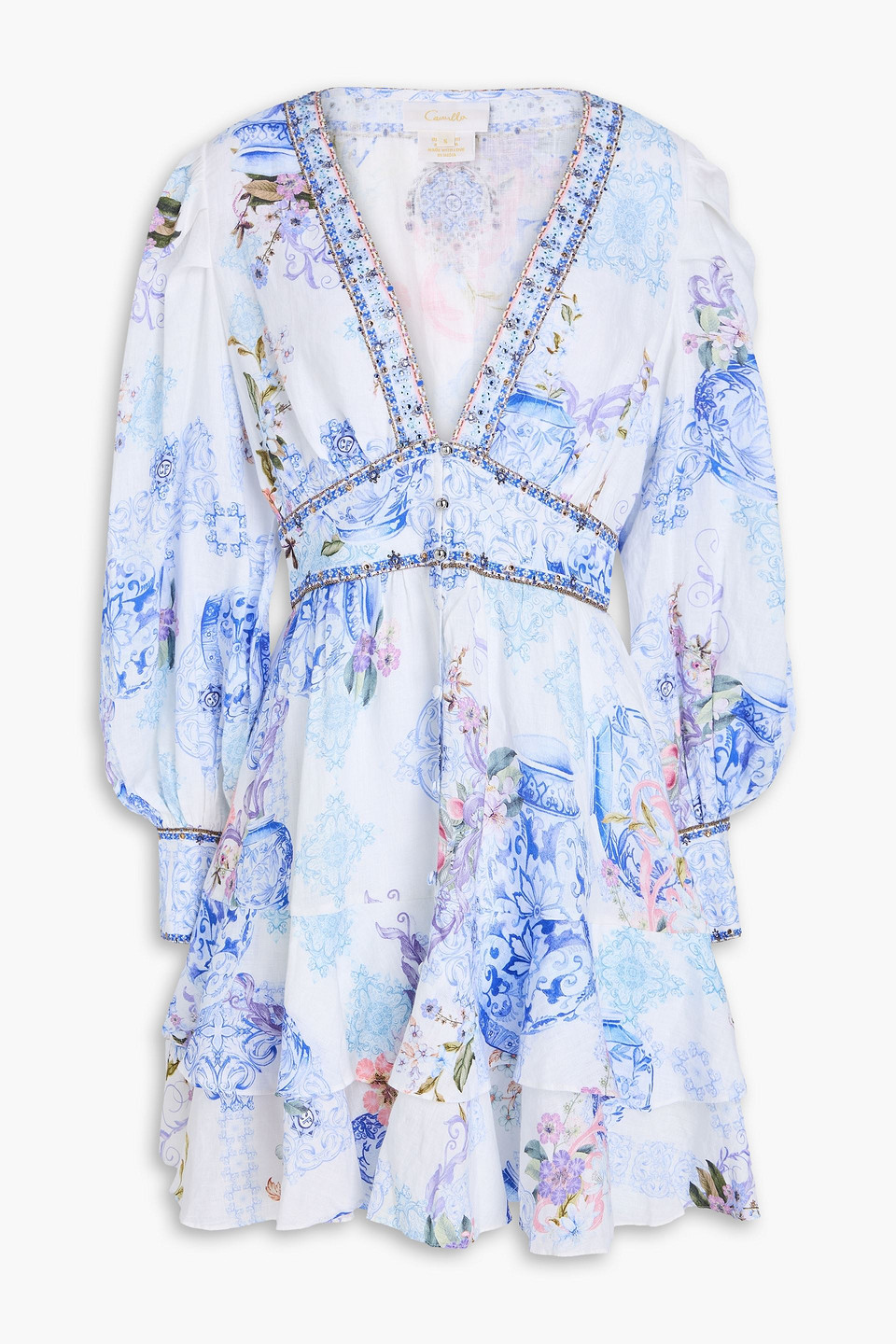 CAMILLA TIERED CRYSTAL-EMBELLISHED PRINTED LINEN MINI DRESS