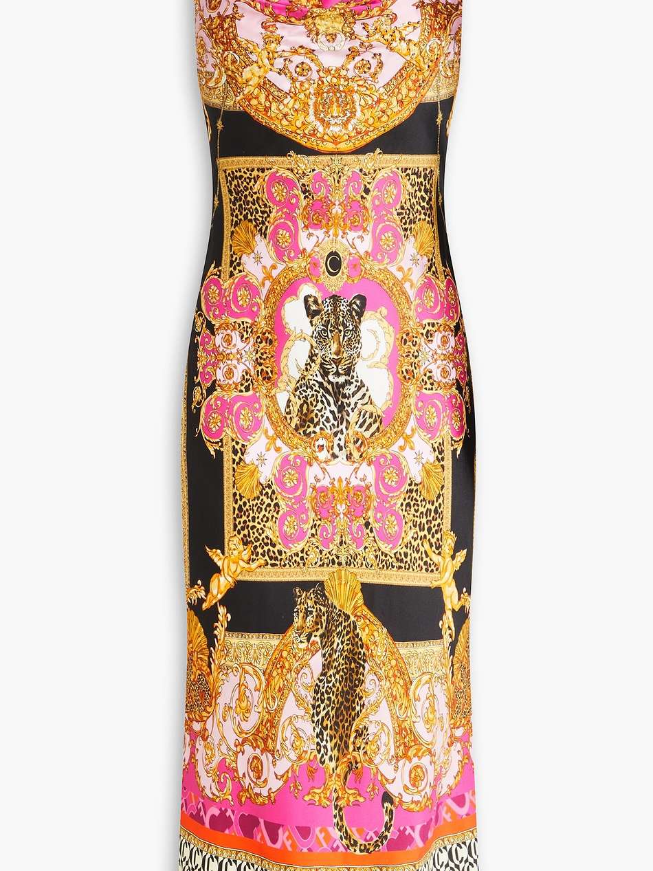 crystal-embellished printed silk-satin midi slip dress