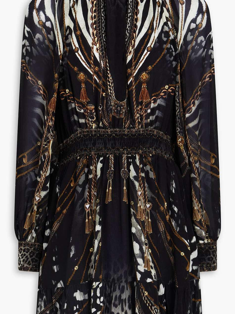 crystal-embellished printed silk crepe de chine mini dress