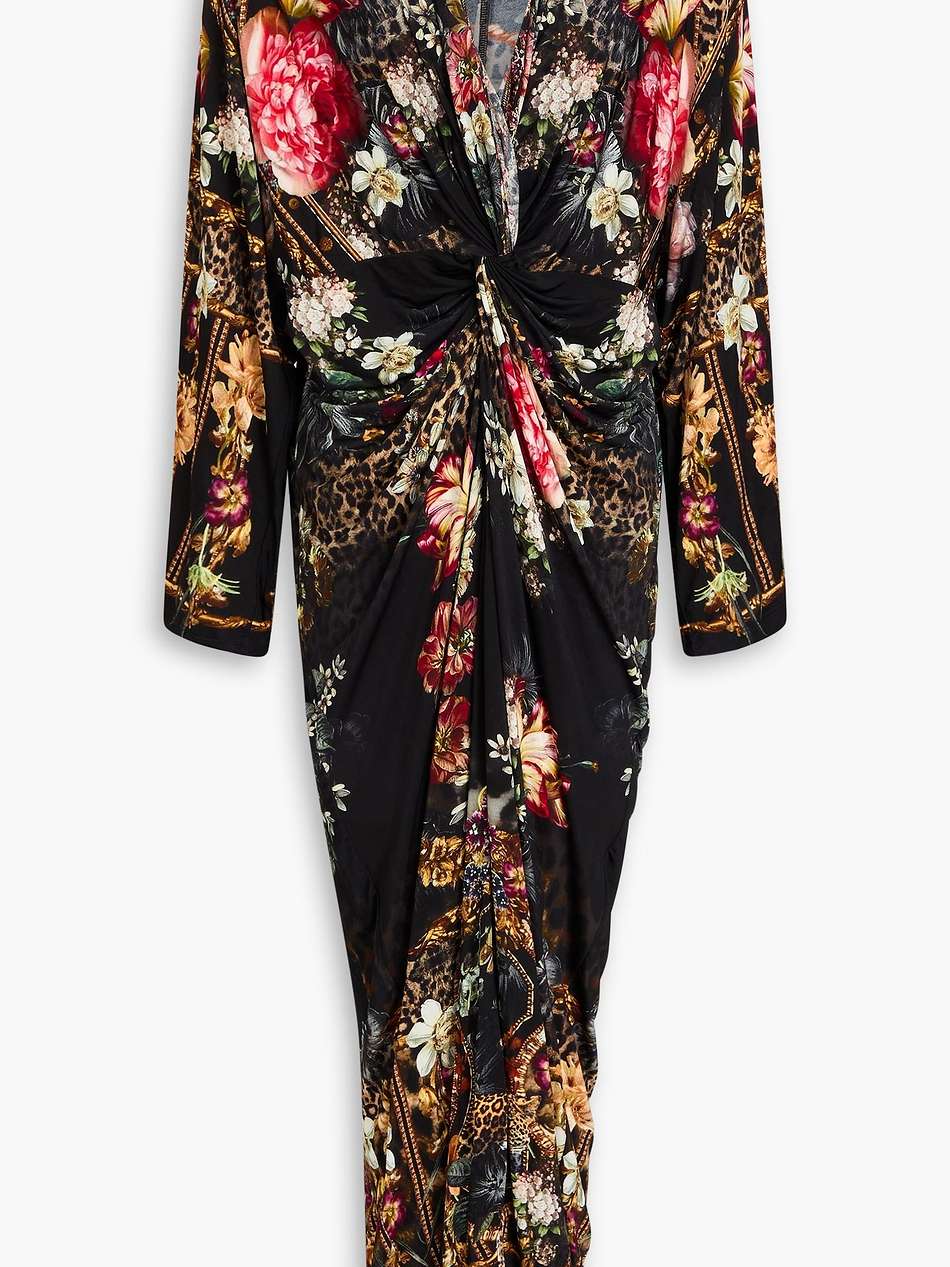 twisted crystal-embellished printed jersey maxi dress