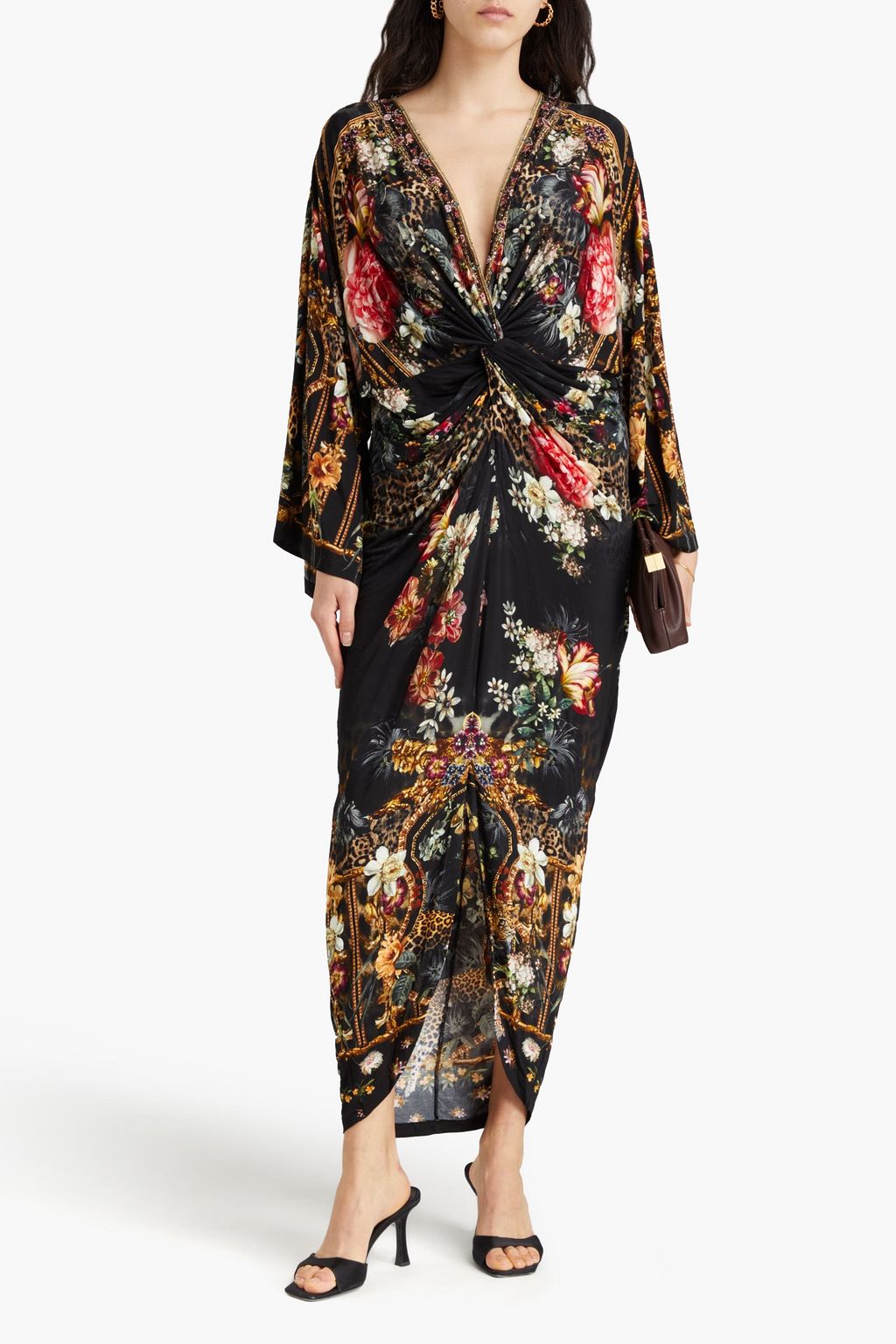 CAMILLA Bedrucktes Maxikleid aus Jersey mit Kristallverzierung und Twist-Detail