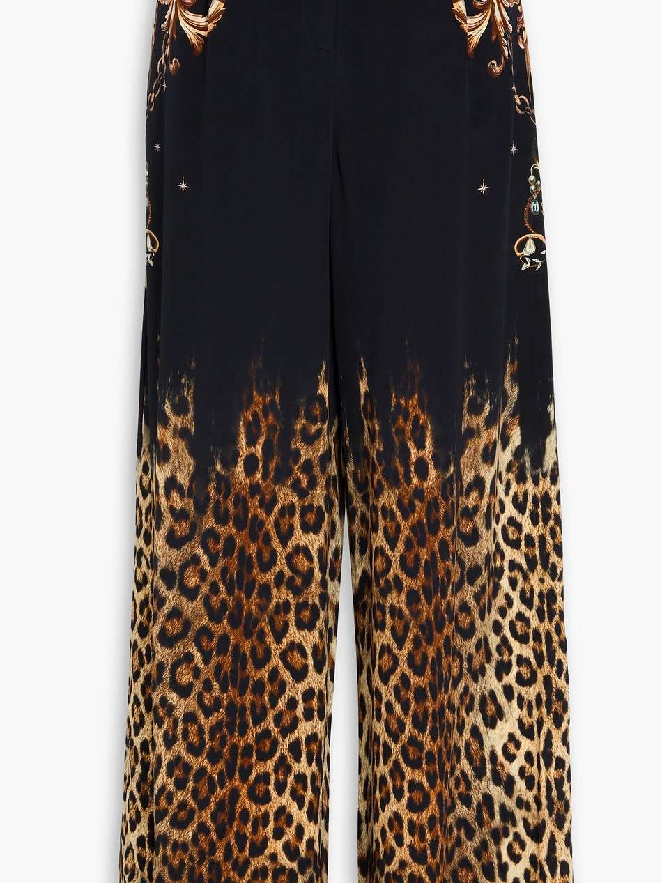 crystal-embellished printed silk crepe de chine wide-leg pants
