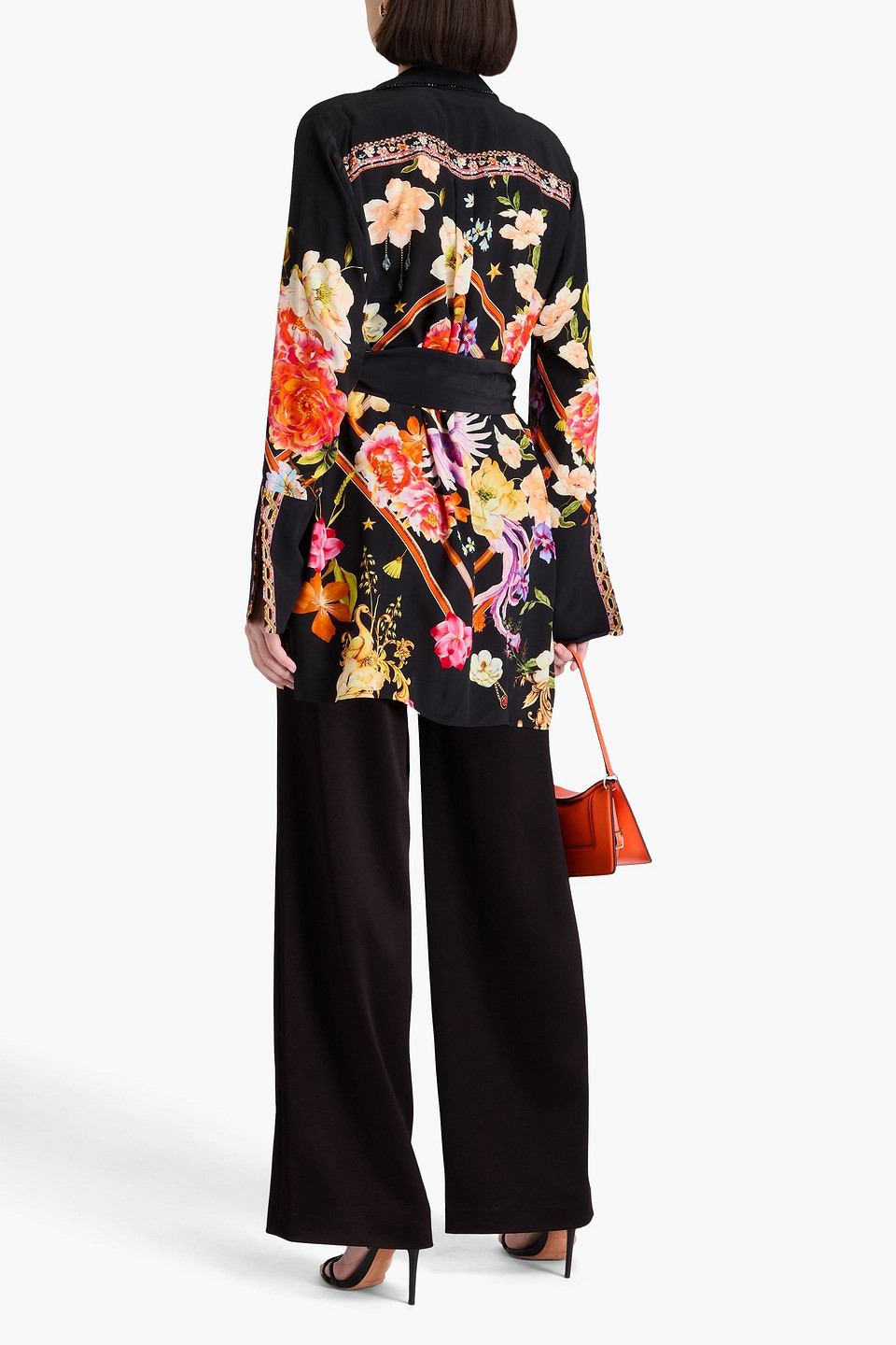  Camilla - Blazer Aus Crêpe De Chine Aus Seide Mit Floralem Print Und Kristallverzierung - Schwarz - S 