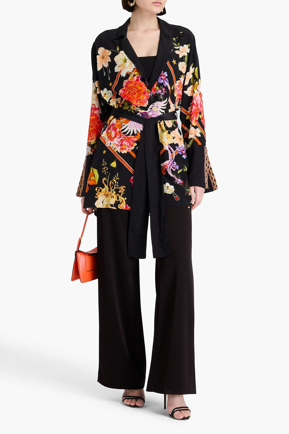  Camilla - Blazer Aus Crêpe De Chine Aus Seide Mit Floralem Print Und Kristallverzierung - Schwarz - S 