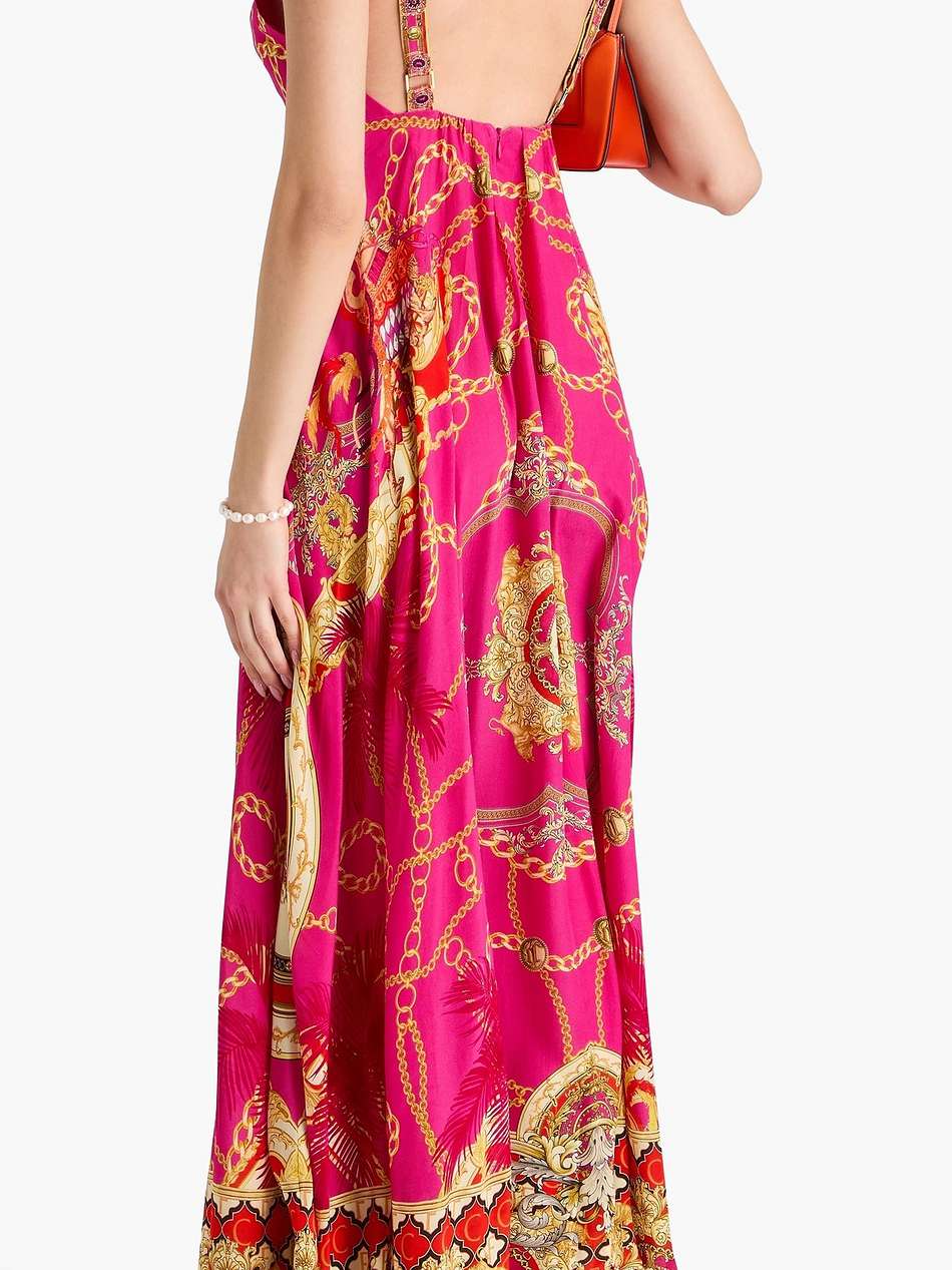 crystal-embellished printed silk crepe de chine maxi dress