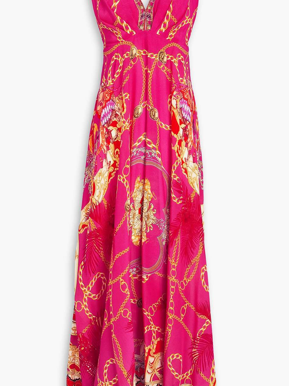 crystal-embellished printed silk crepe de chine maxi dress