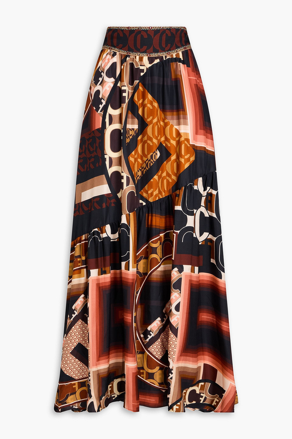 Crystal-embellished printed silk-satin crepe maxi skirt