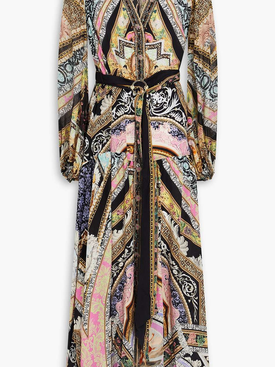 belted embellished printed silk crepe de chine midi dress