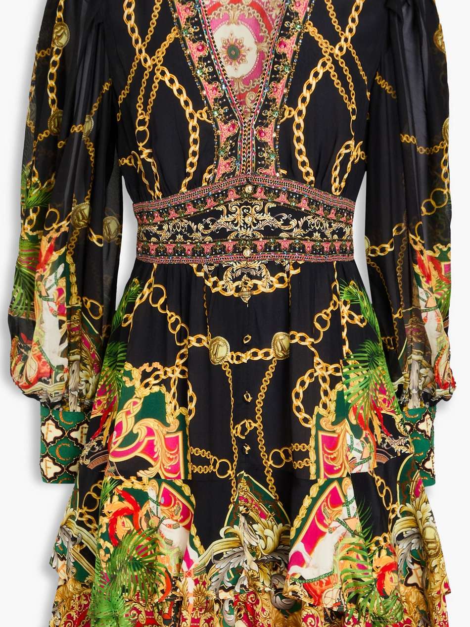 crystal-embellished printed silk crepe de chine mini dress