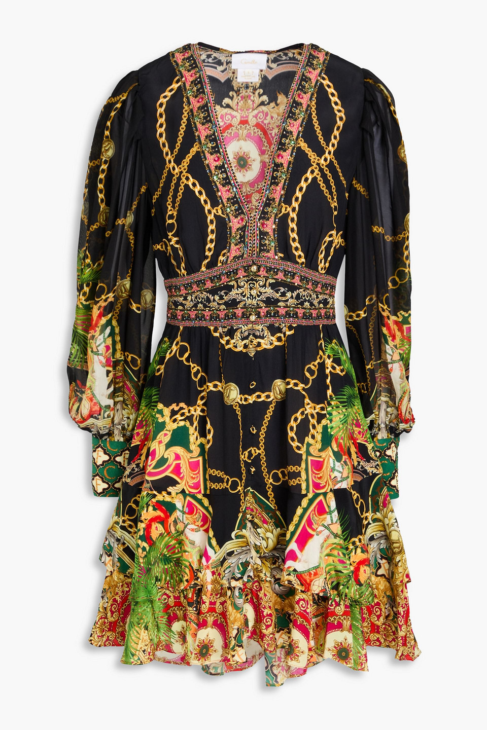 Crystal-embellished printed silk crepe de chine mini dress