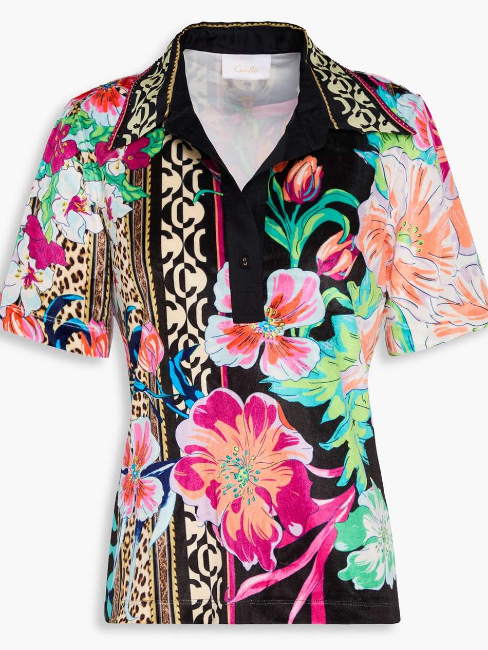 crystal-embellished printed velour top