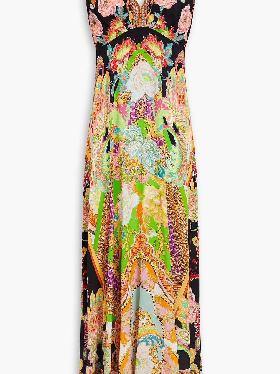 crystal-embellished printed silk crepe de chine maxi dress