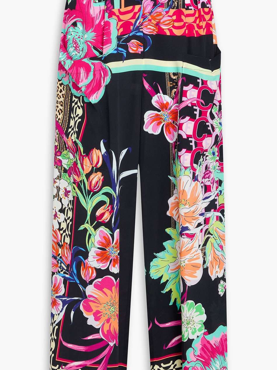 crystal-embellished printed silk-satin wide-leg pants