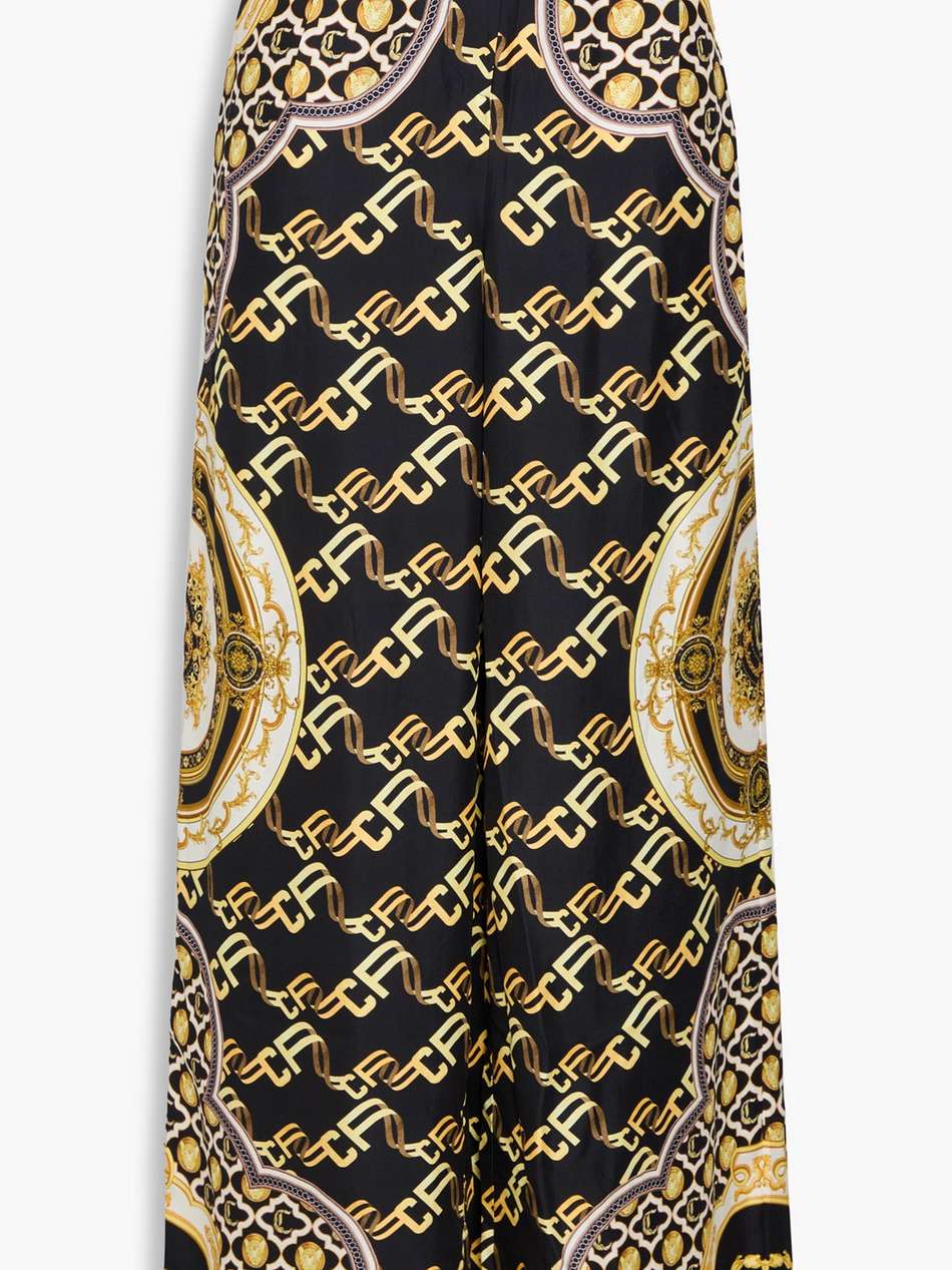 crystal-embellished printed silk-twill wide-leg pants