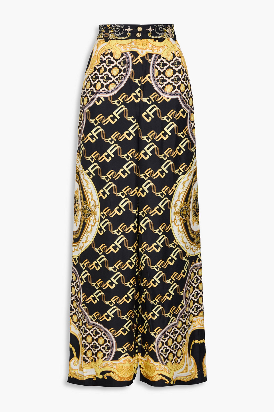 Crystal-embellished printed silk-twill wide-leg pants