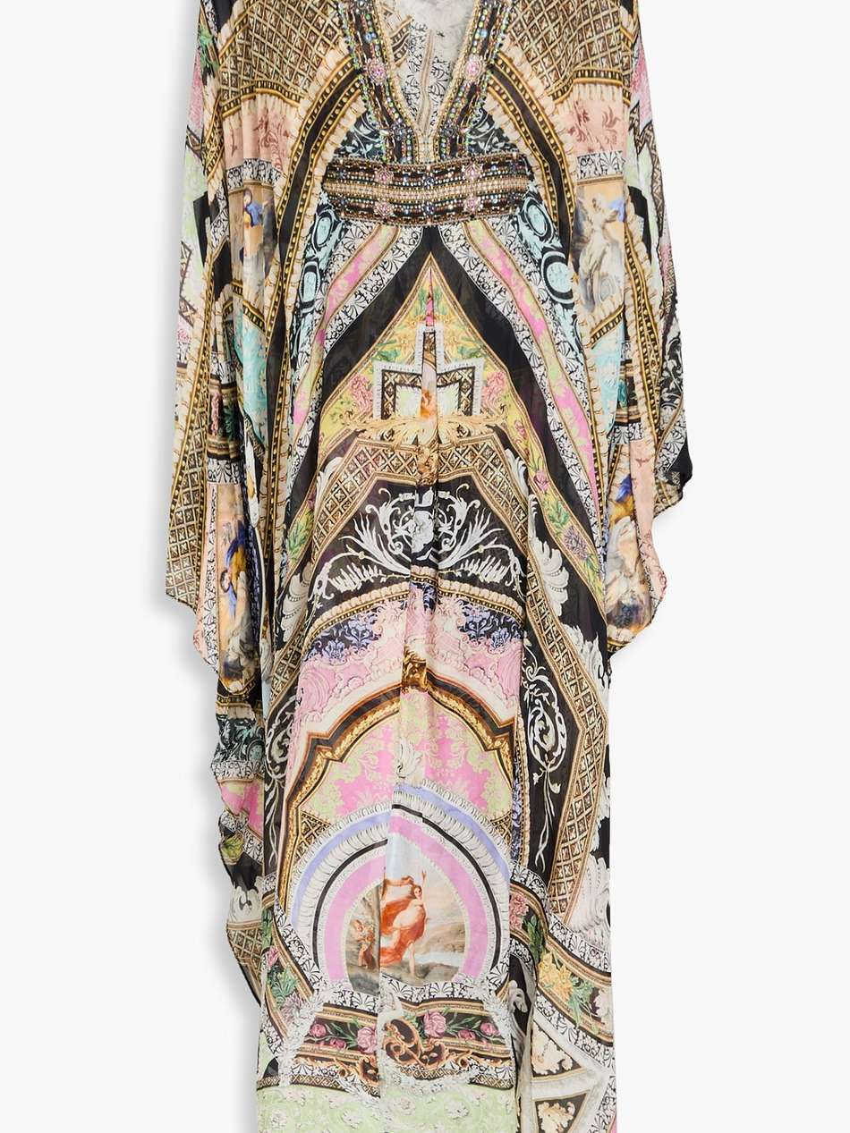 crystal-embellished printed silk crepe de chine kaftan